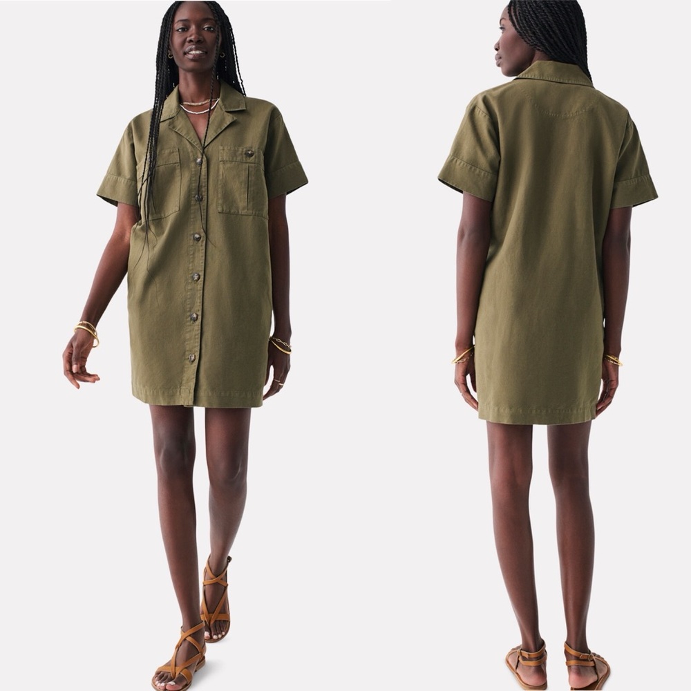 Faherty Palos Verdes olive green linen shirt dress size medium military safari